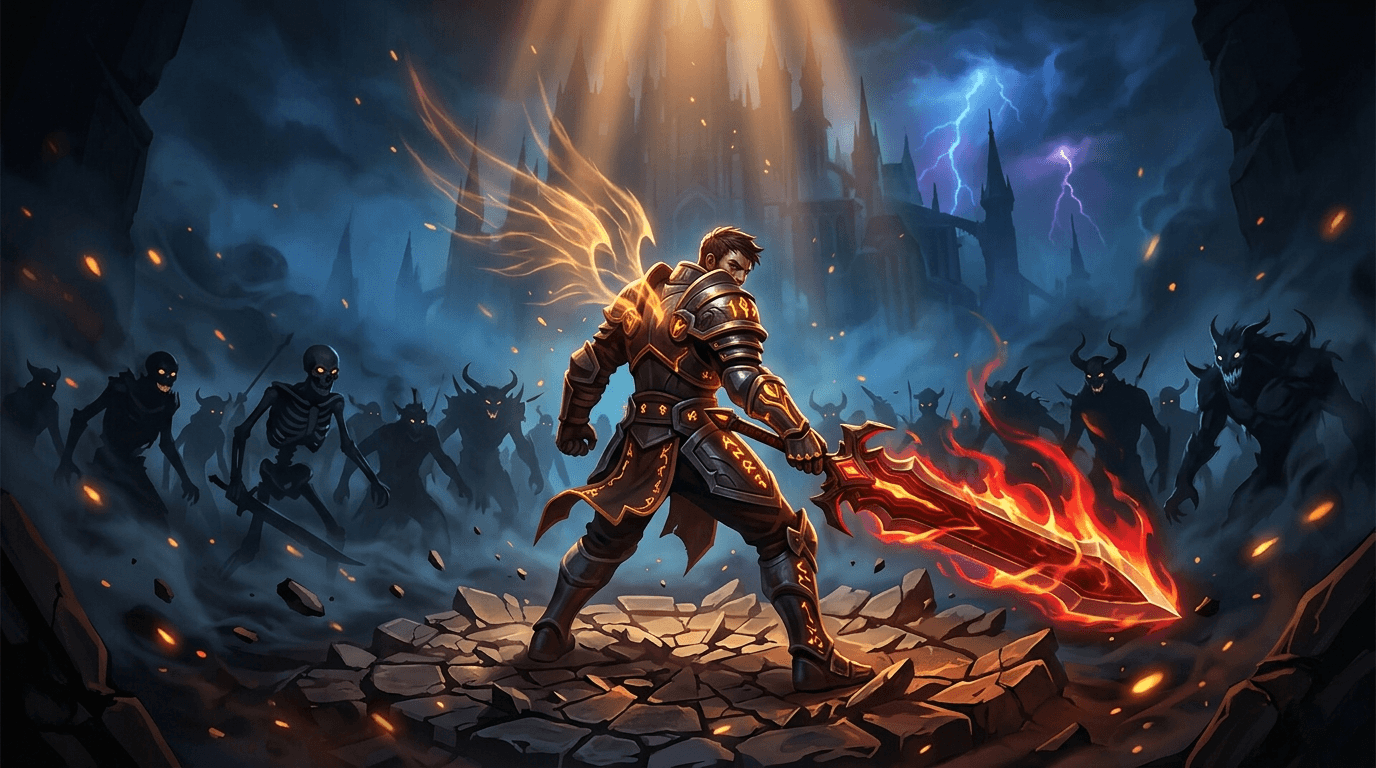A MobHunters hunter raising a glowing blade against the horde